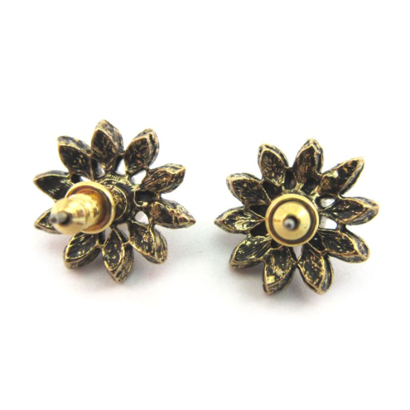 Antiqued Goldtone Pearl Flower Studs with Clear Crystals